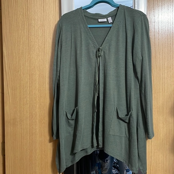 LOGO Lori Goldstein green open cardigan with tie size Medium front pockets - Picture 1 of 11